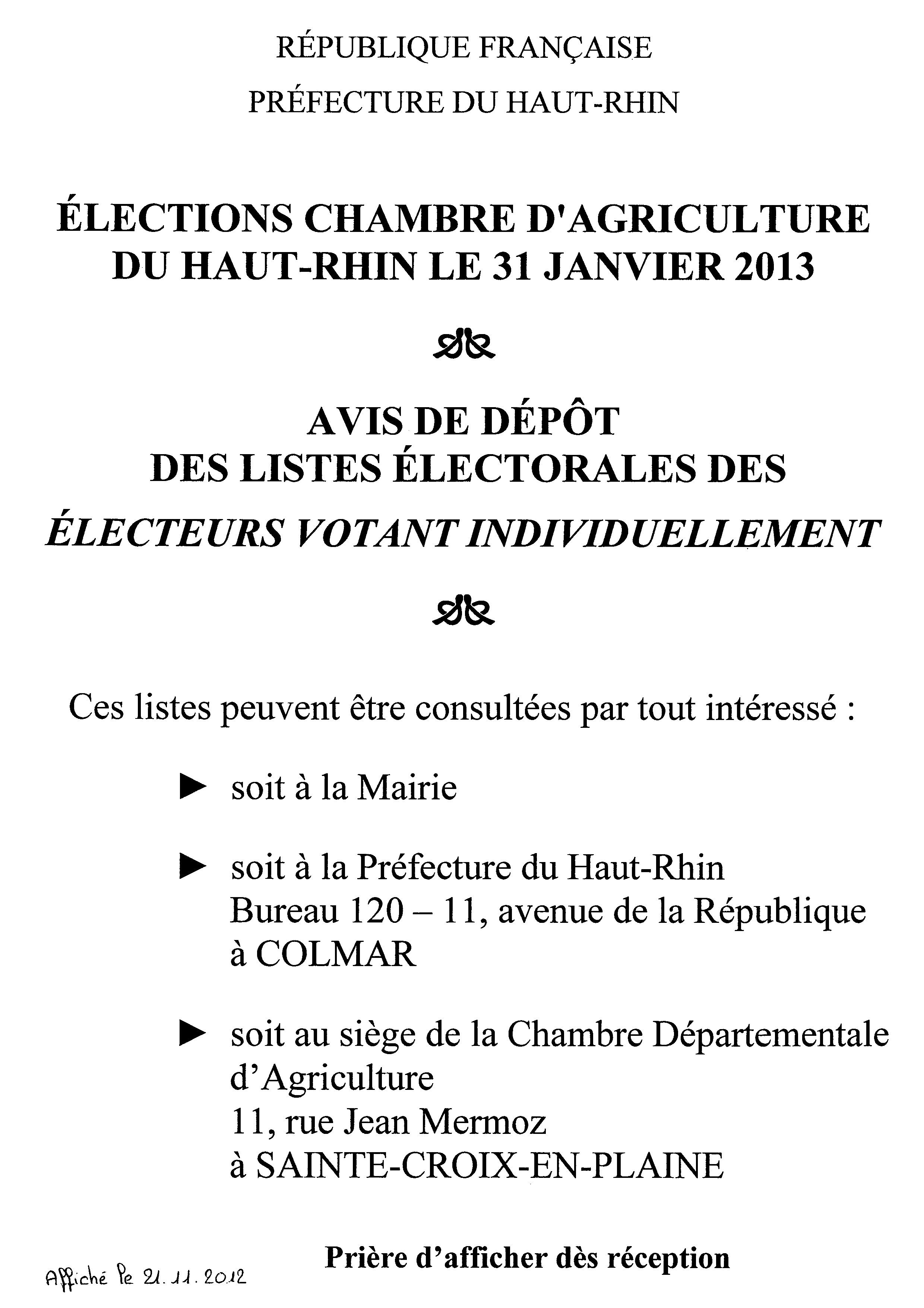 Liste électorale - chambre d'agriculture du Haut-rhin 2013