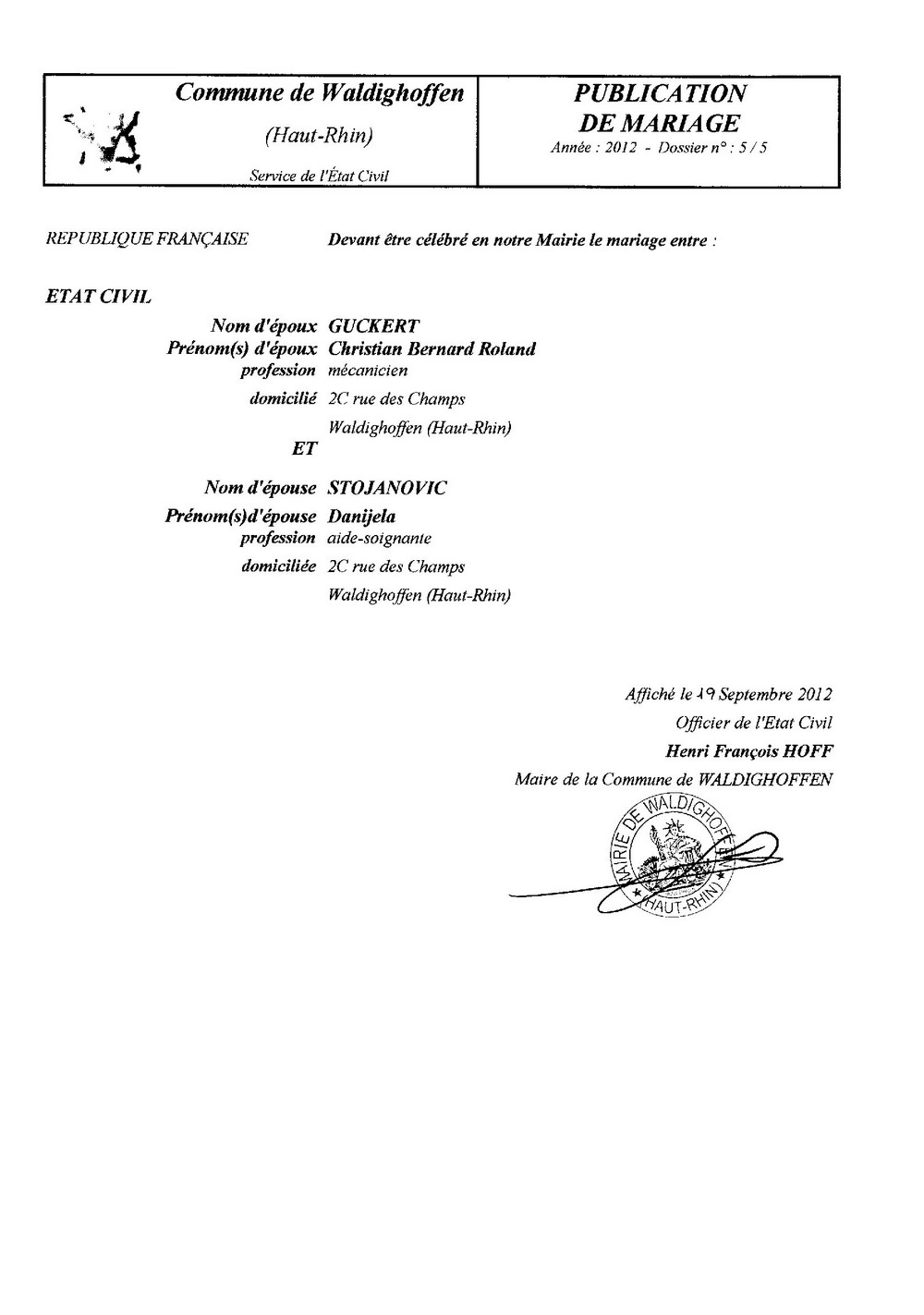 Mariage Guckert et Stojanovic