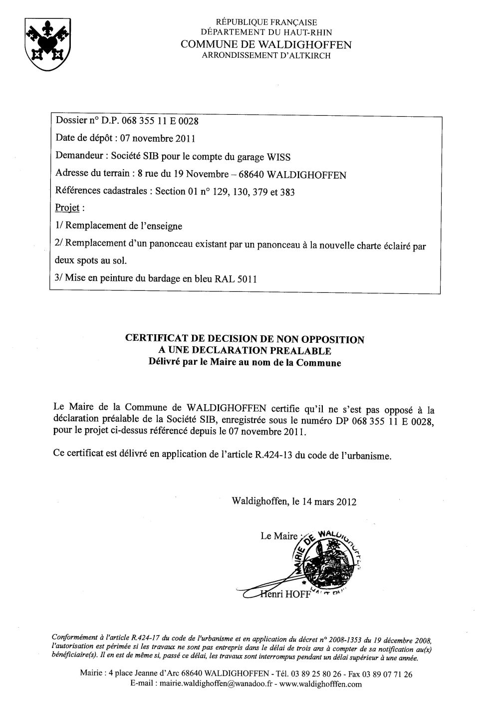 Non-opposition à la déclaration préalable n°11E0028 - Société SIB