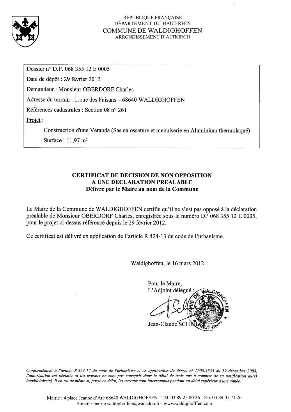 Non-opposition à la déclaration préalable n°12E0005 - M. OBERDORF