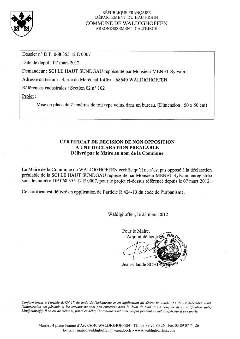 Non-opposition à la déclaration préalable n°12E0007 - SCI LE HAUT SUNDGAU