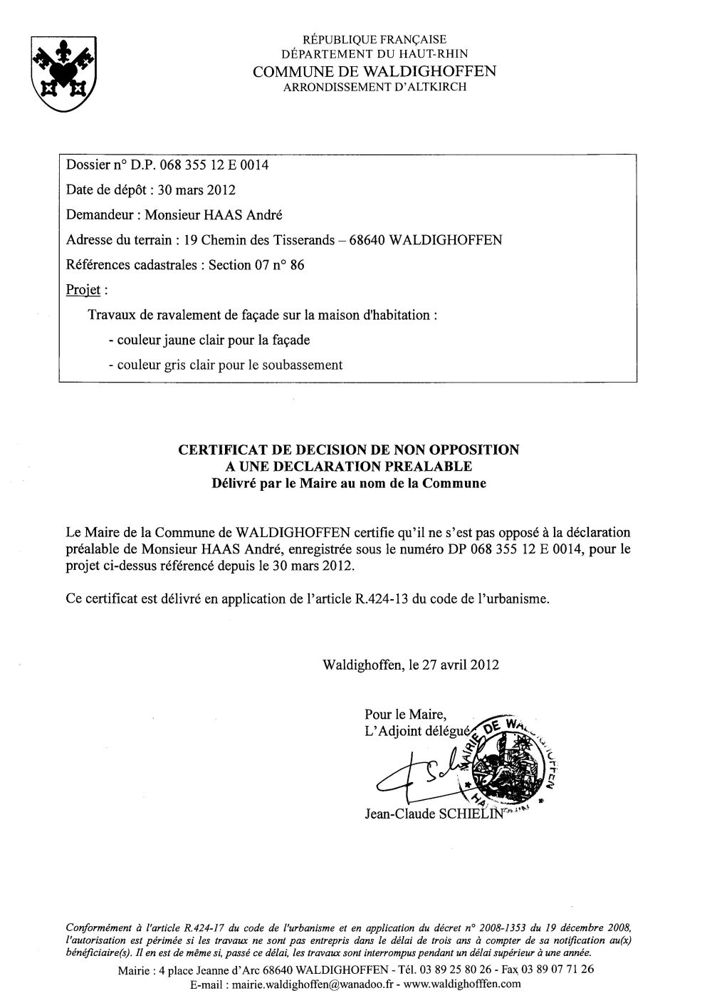 Non-opposition à la déclaration préalable n°12E0014 - M. HAAS