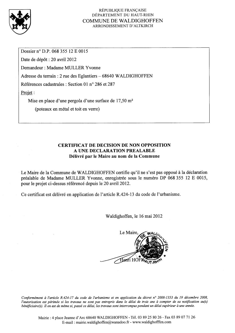 Non-opposition à la déclaration préalable n°12E0015 - Mme MULLER