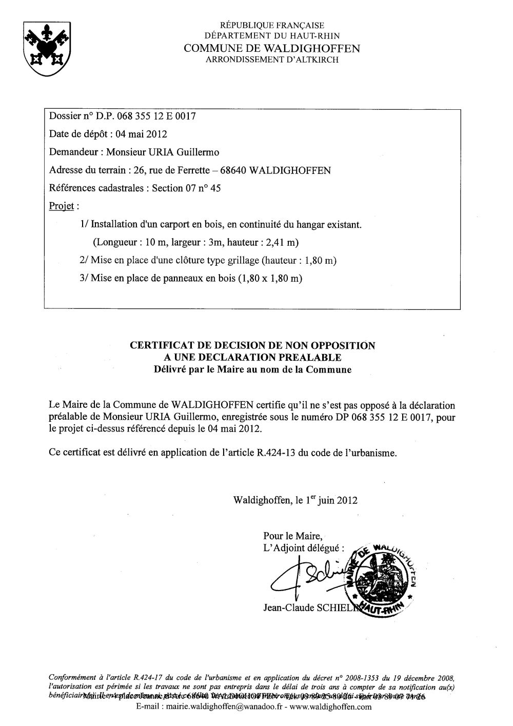 Non-opposition à la déclaration préalable n°12E0017 - M. URIA