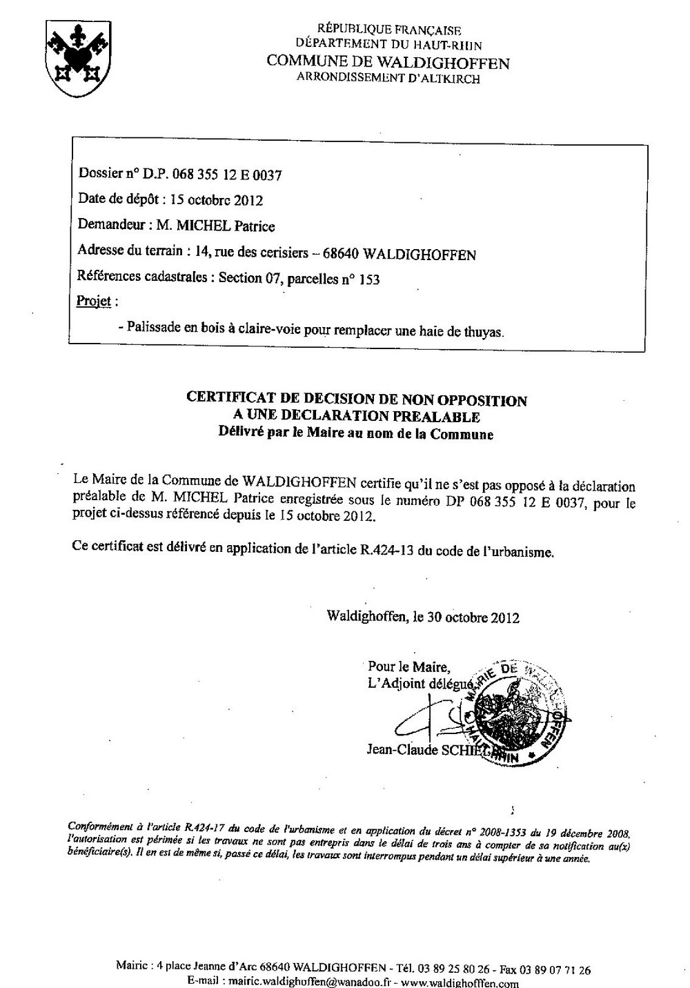 Non-opposition à la déclaration préalable n°12E0037 - M. MICHEL