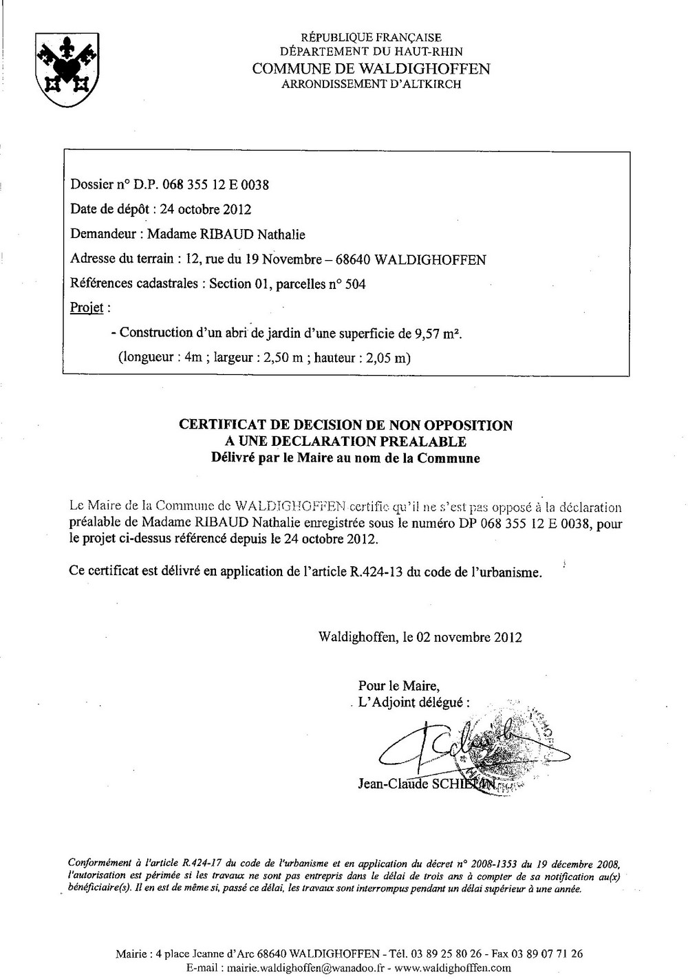 Non-opposition à la déclaration préalable n°12E0038 - Mme RIBAUD