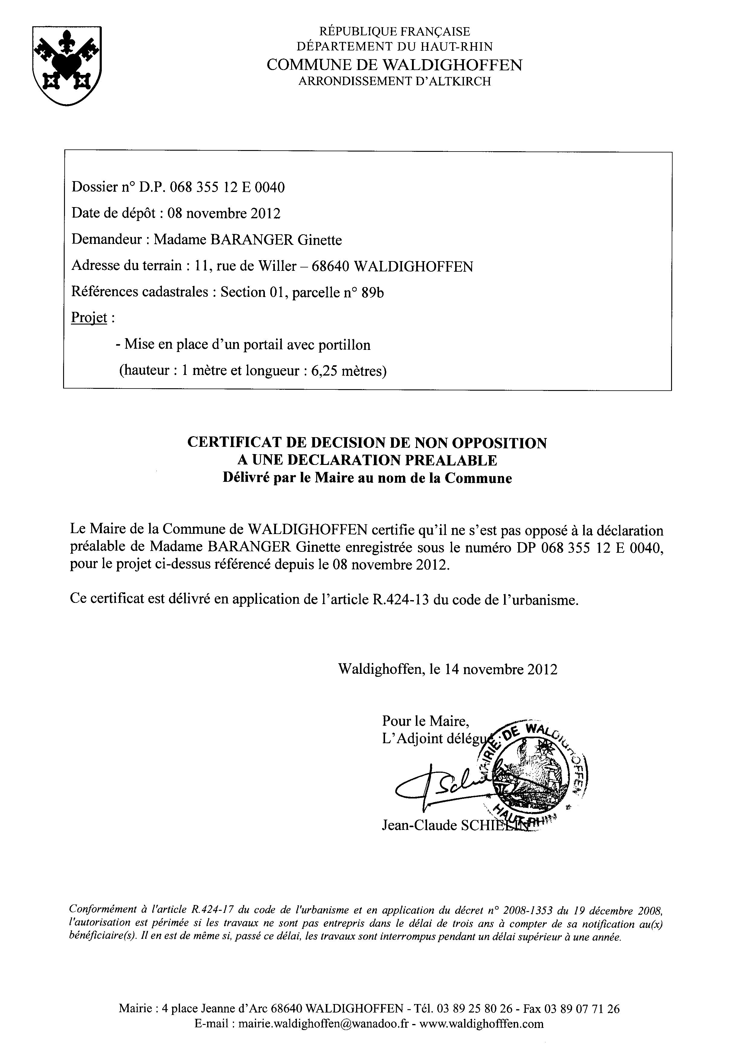 Non-opposition à la déclaration préalable n°12E0040 - Mme BARANGER