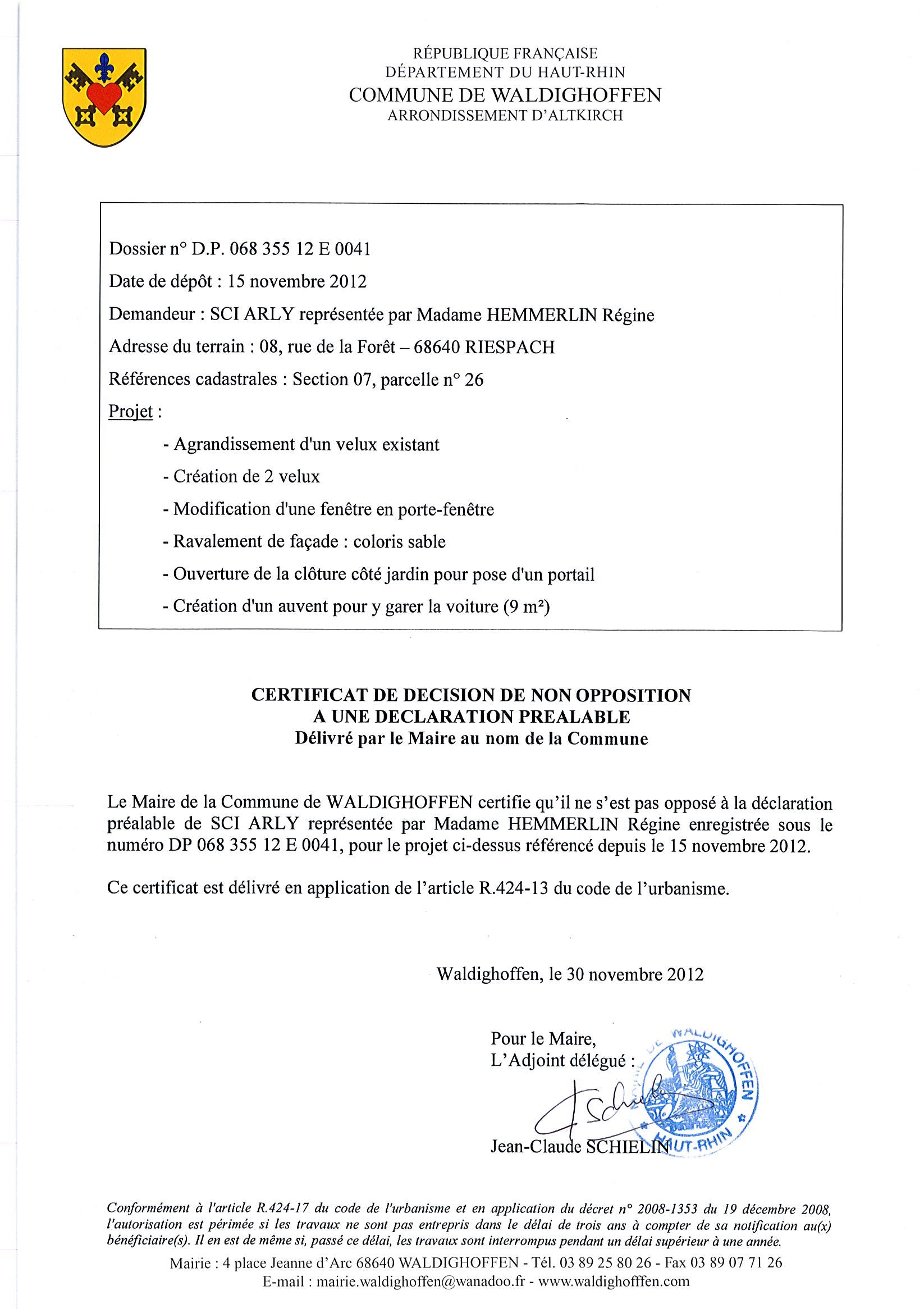 Non-opposition à la déclaration préalable n°12E0041 - Mme HEMMERLIN