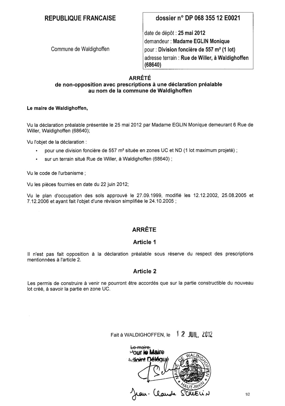 Non opposition à la DP12E0021 - Mme EGLIN Monique