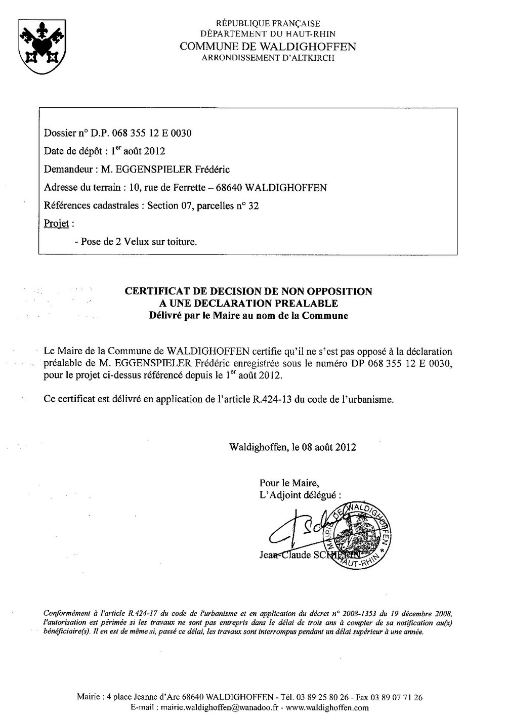 Non opposition DP 12E0030 EGGENSPIELER Frédéric