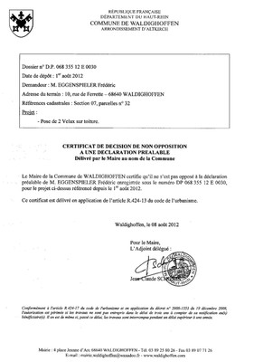 Non opposition DP 12E0030 EGGENSPIELER Frédéric