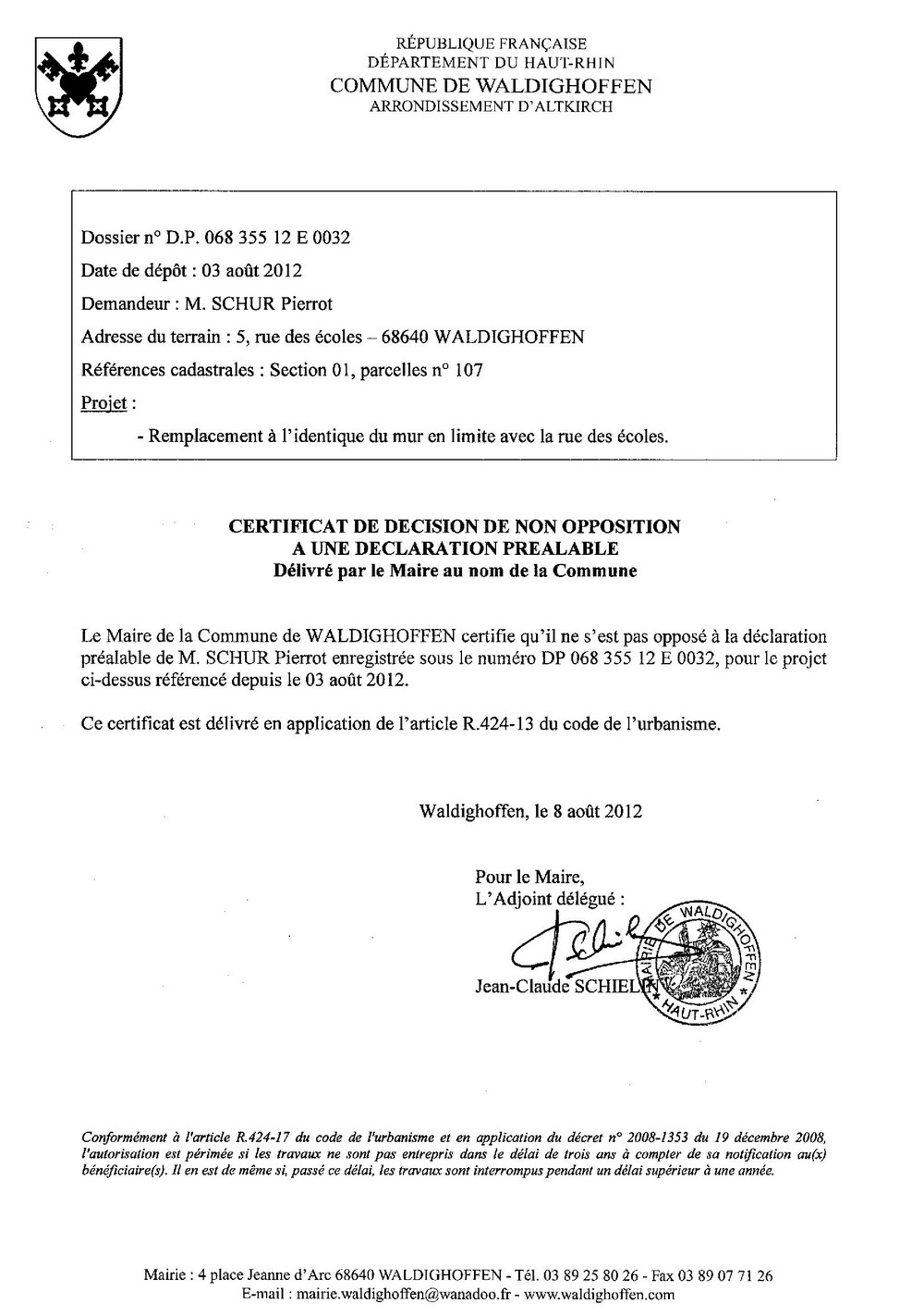 Non opposition DP 12E0032 SCHUR Pierrot