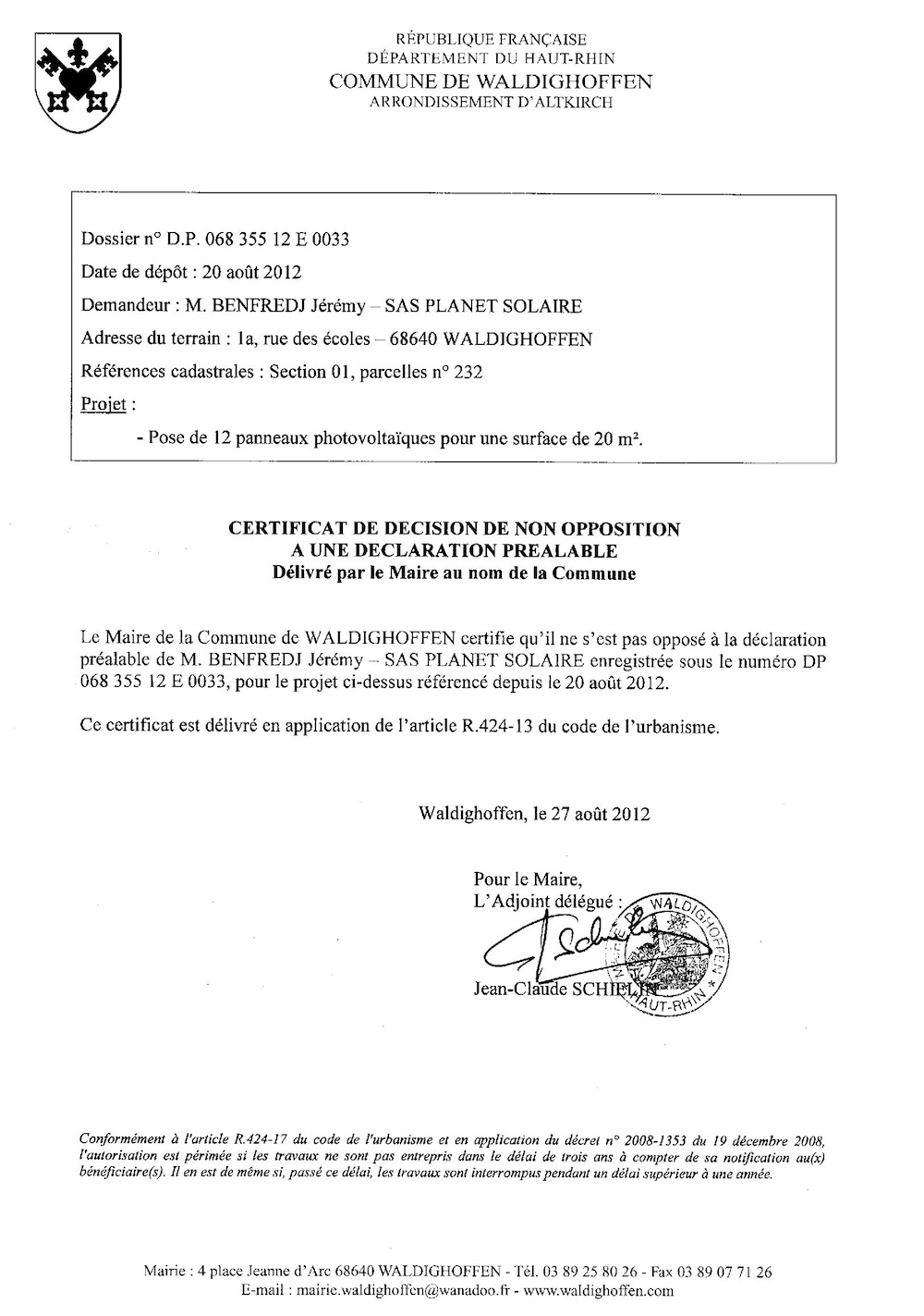 Non opposition DP 12E0033