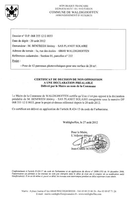 Non opposition DP 12E0033