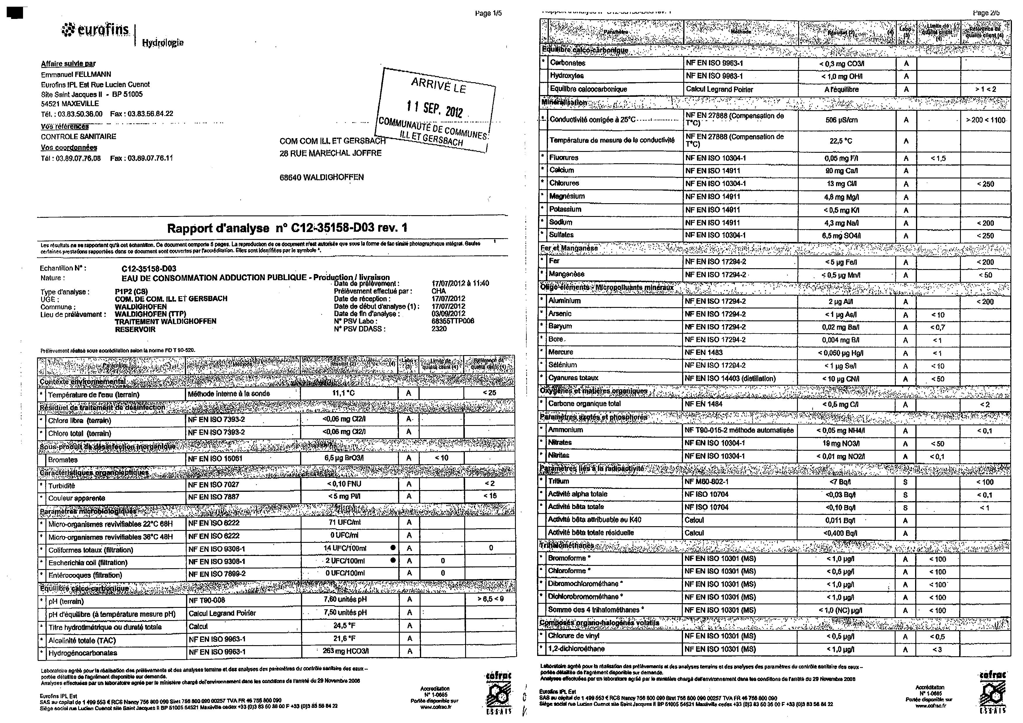 Rapport d'analyse d'eau potable n°C12-35158-D03 du 07/09/2012