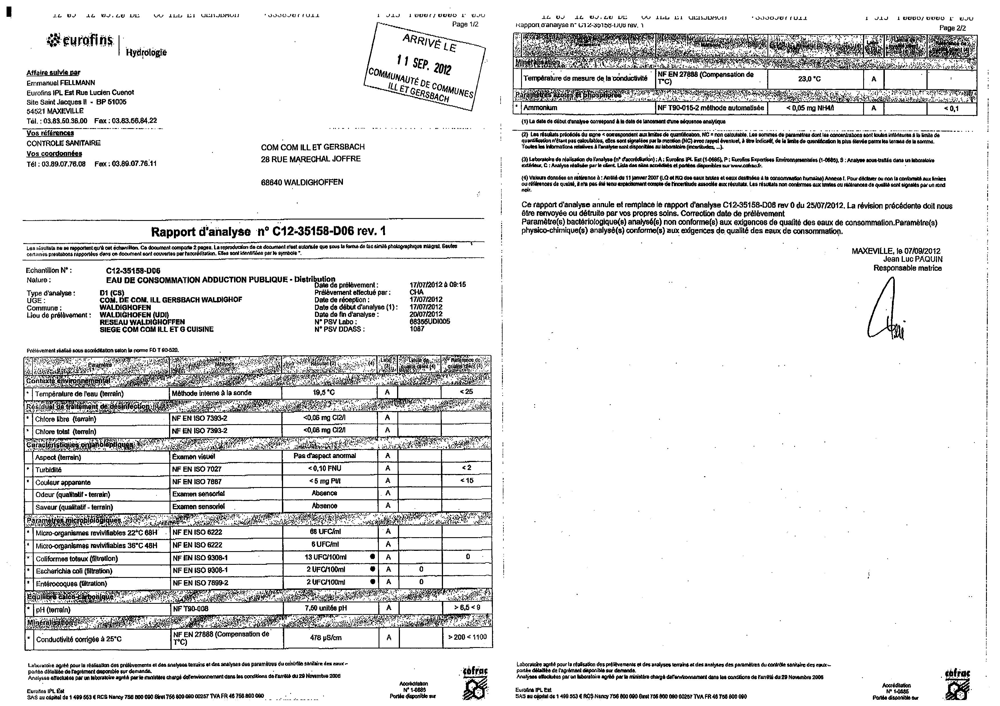 Rapport d'analyse d'eau potable n°C12-35158-D06 du 07/09/2012