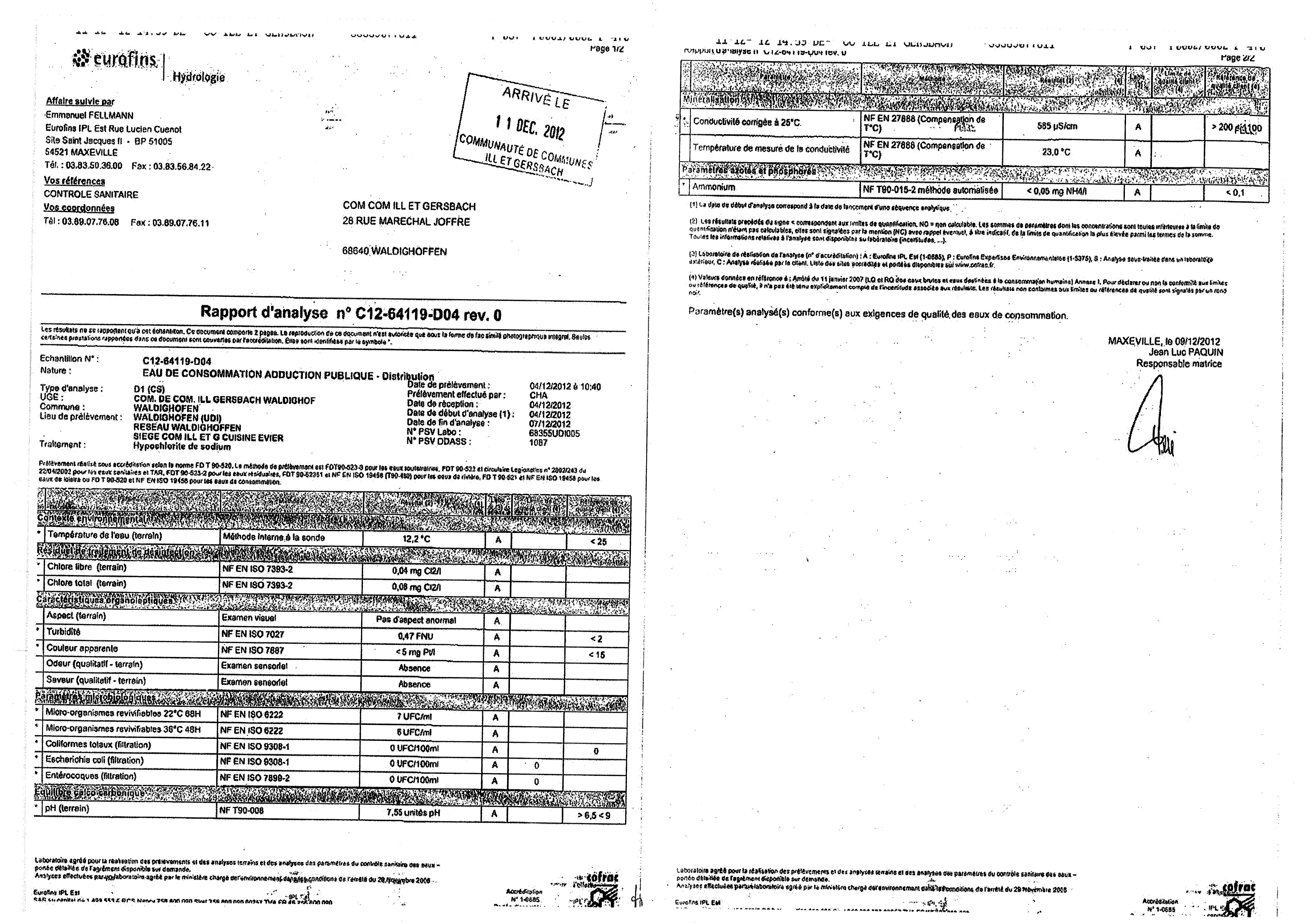 Rapport d'analyse d'eau potable n°C12-64119-D04 du 09/12/2012