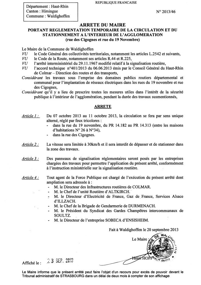 Arrêté 2013/46 - circulation rues du 19 Novembre et des Cigognes