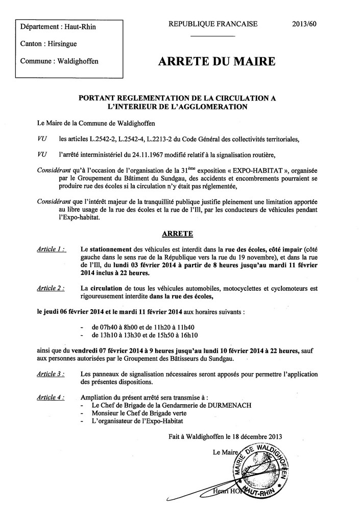 Arrêté de circulation dans la rue des Ecoles