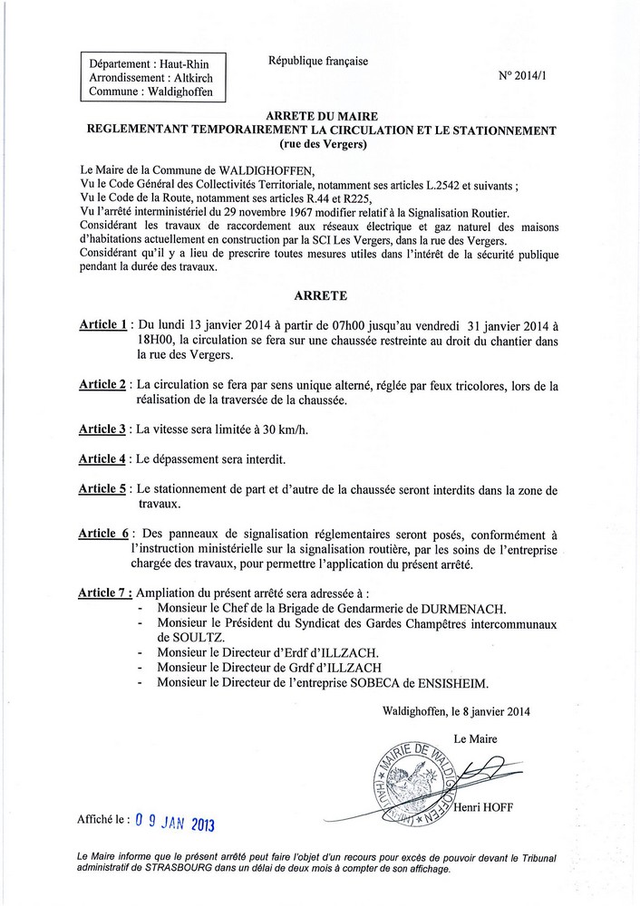 Arrêté de circulation et de stationnement dans la rue des Vergers
