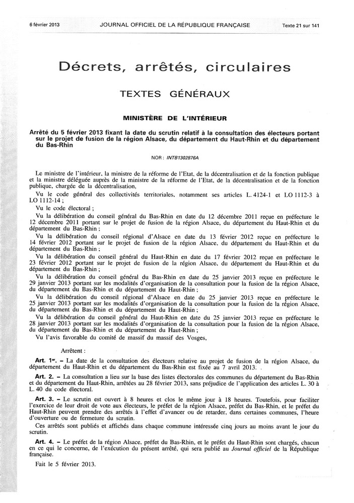 Arrêté du 05.02.2013 - élections