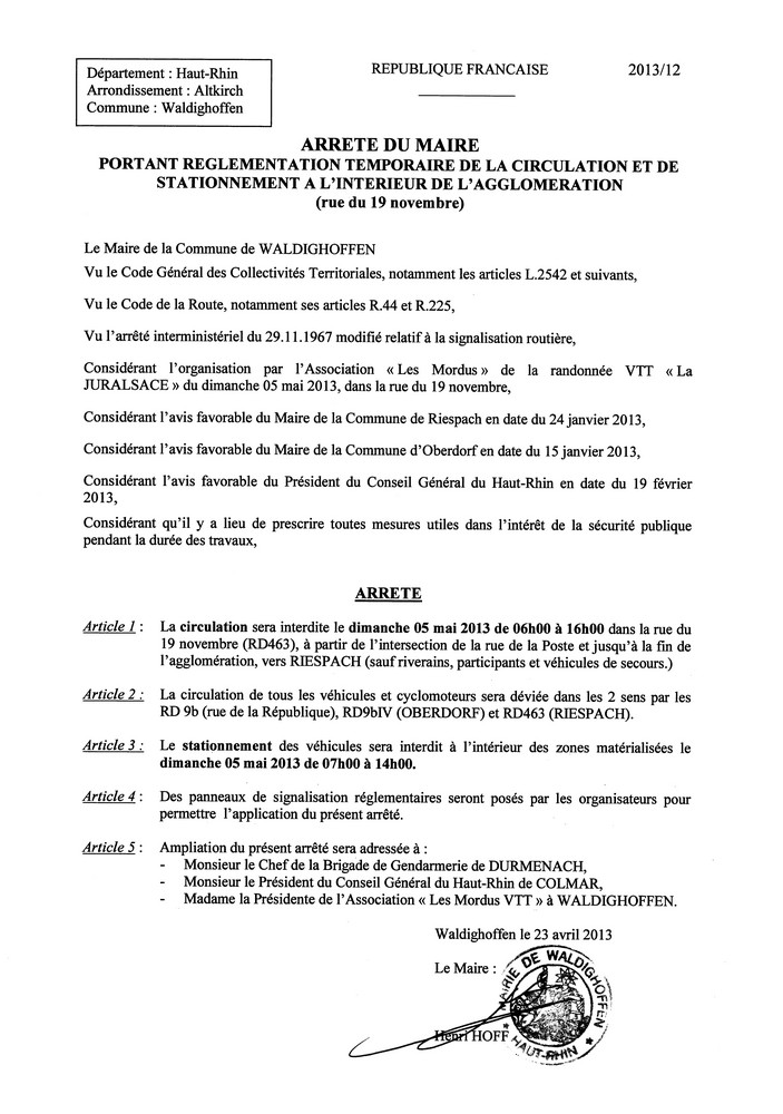 Arrêté du Maire n°2013/12 - circulation