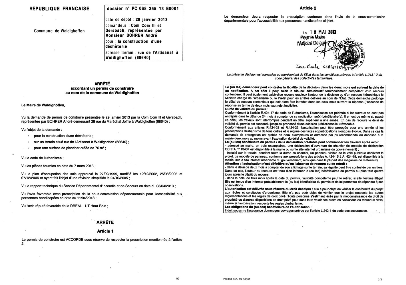 Arrêté du permis de construire n°13E0001 - Communauté de Communes Ill et Gersbach