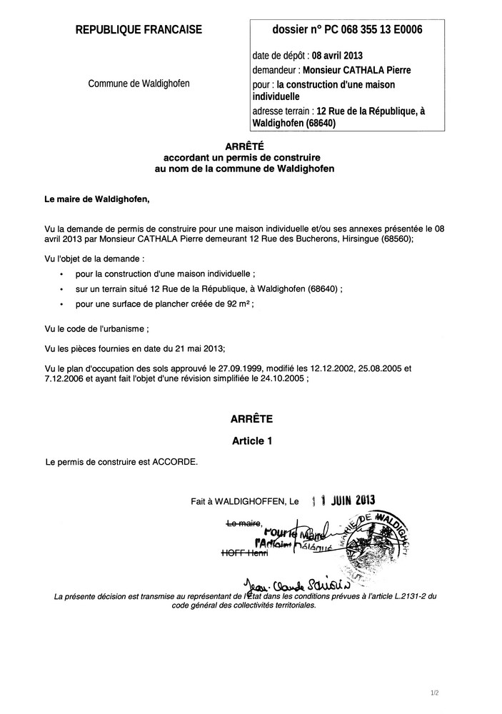 Arrêté du permis de construire n°13E0006 - M. CATHALA