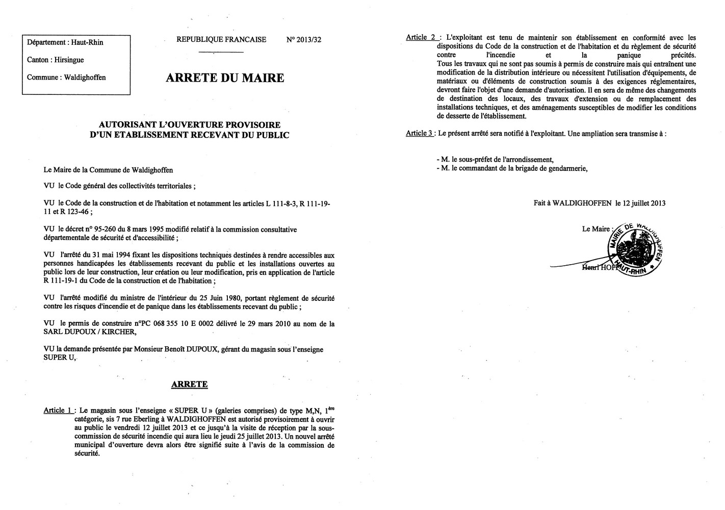 Arrêté n° 2013/32 - SUPER U