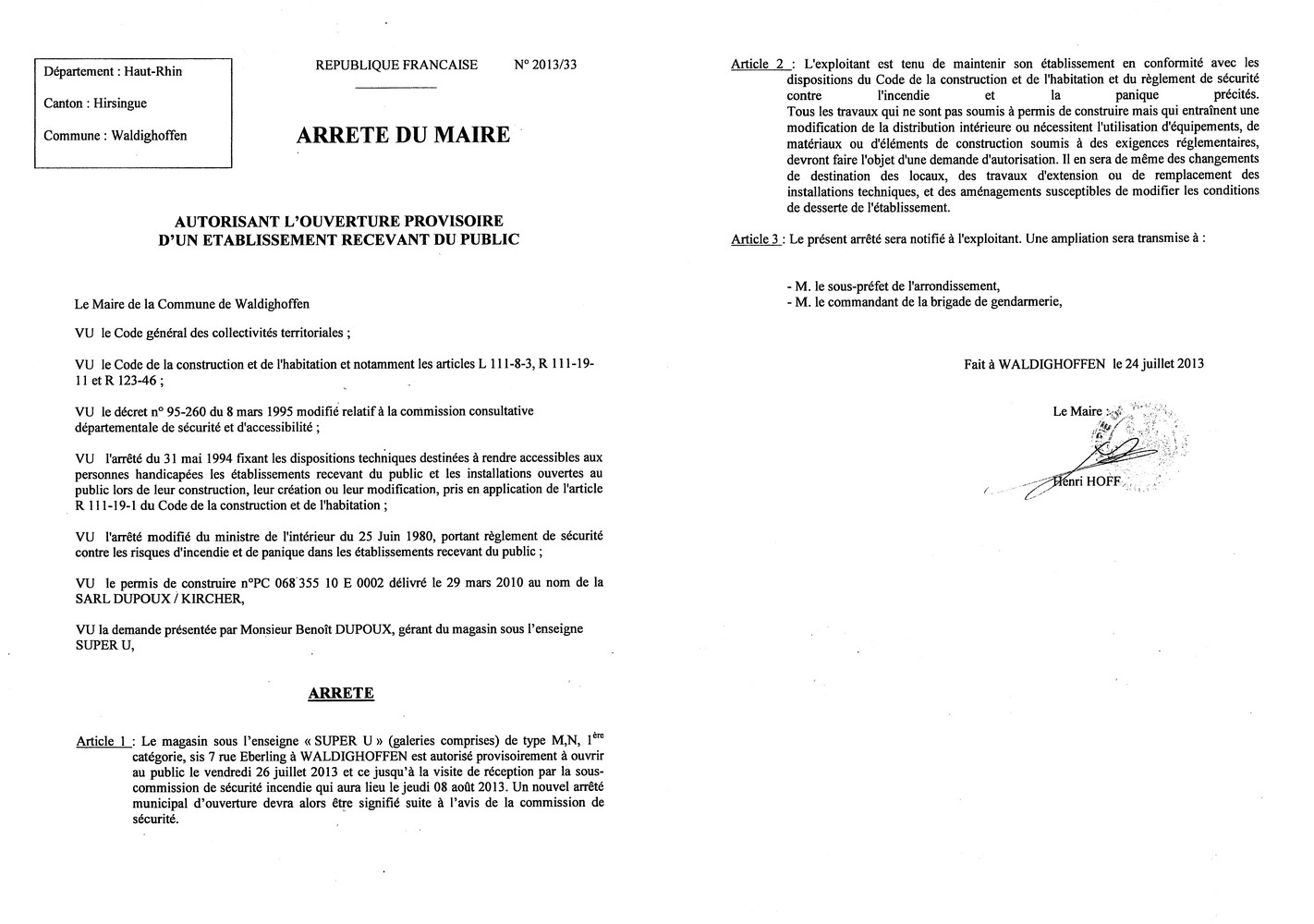 Arrêté n° 2013/33 - SUPER U