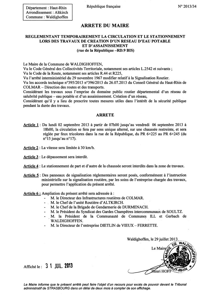 Arrêté n°2013-34 - Travaux rue de la République