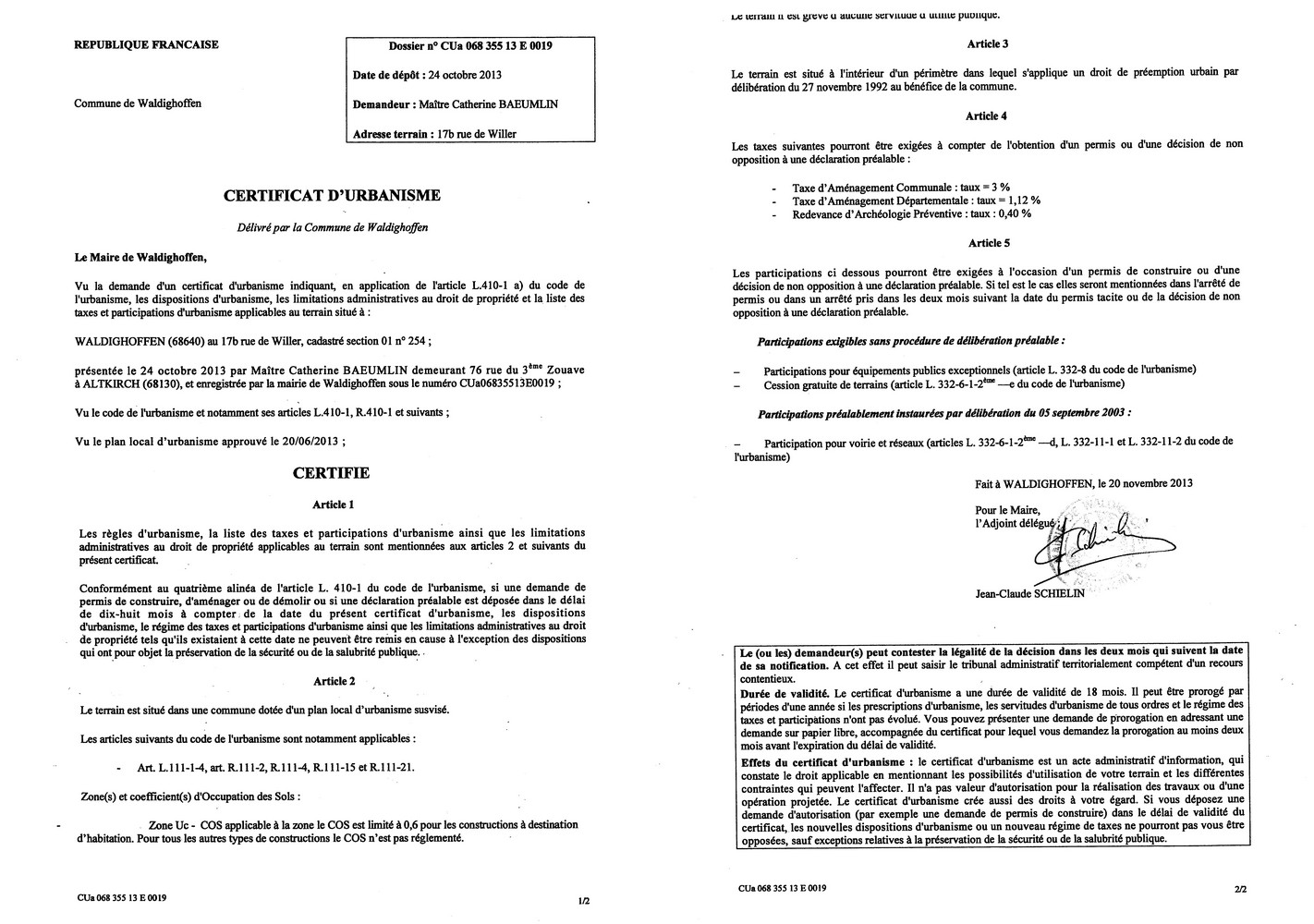 Certificat d'urbanisme délivré à Maître BAEUMLIN