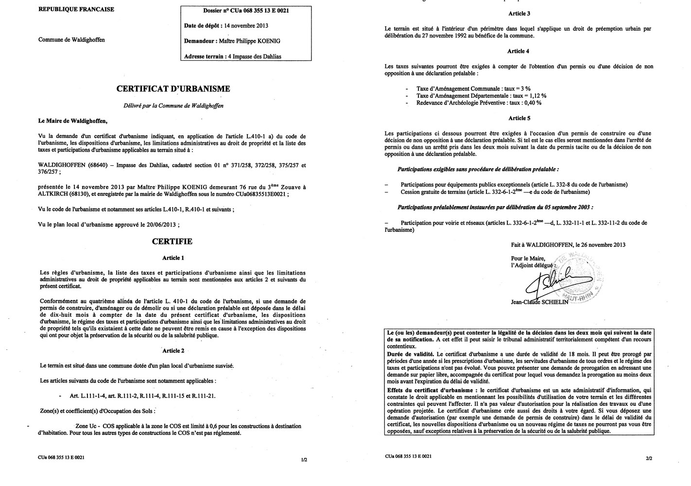 Certificat d'urbanisme délivré à Maître KOENIG