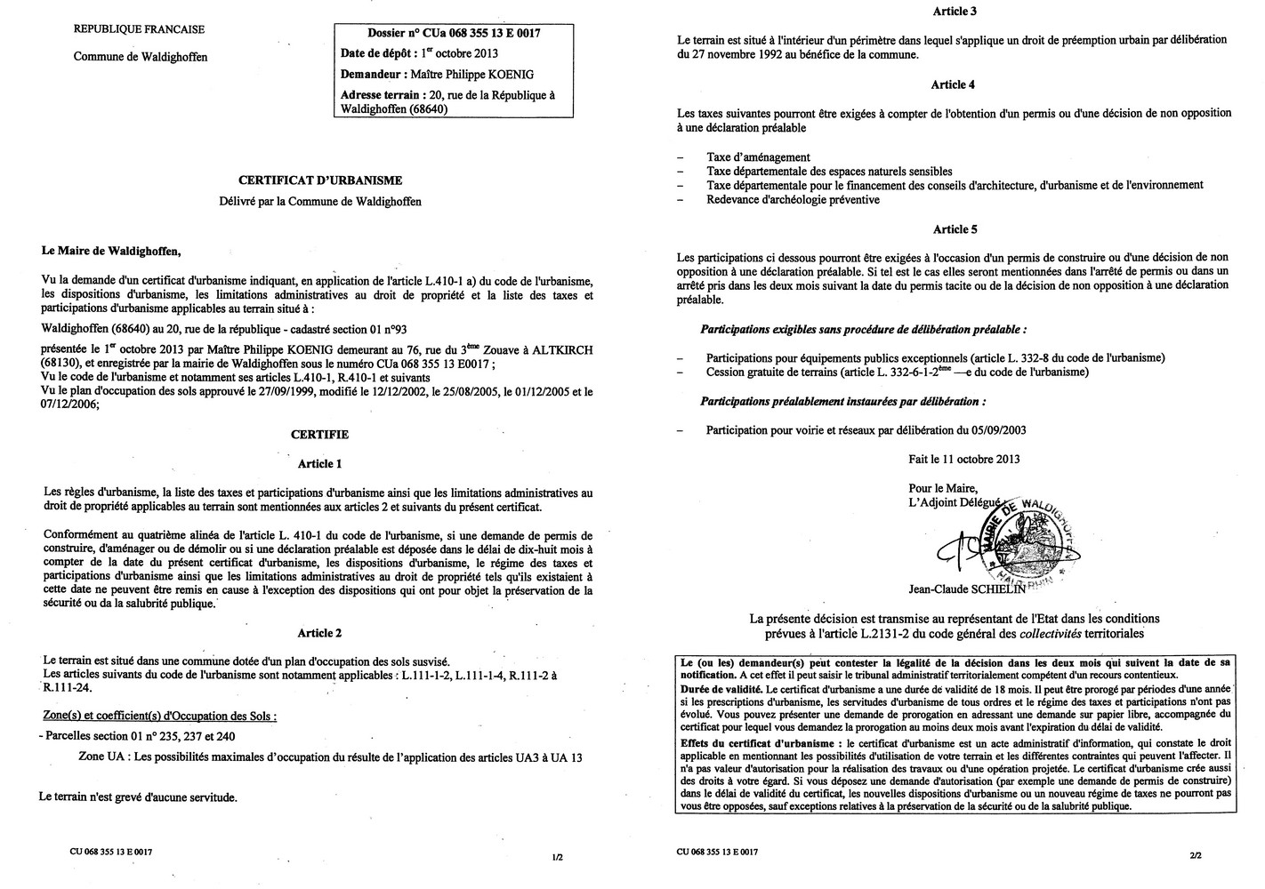 Certificat d'urbanisme délivré à Maître KOENIG