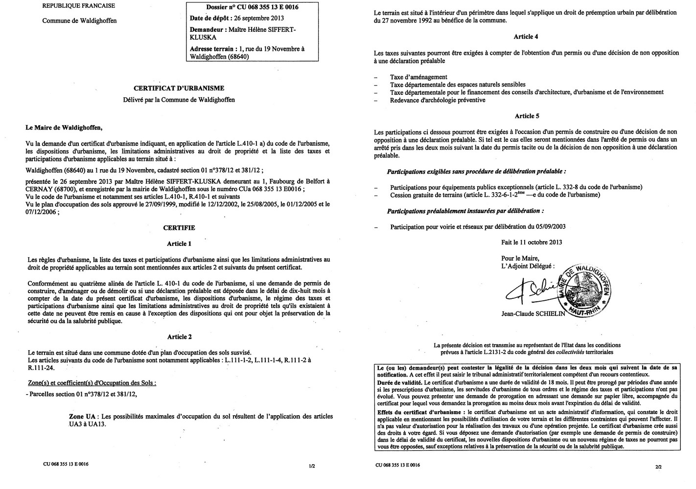 Certificat d'urbanisme délivré à Maître SIFFERT-KLUSKA