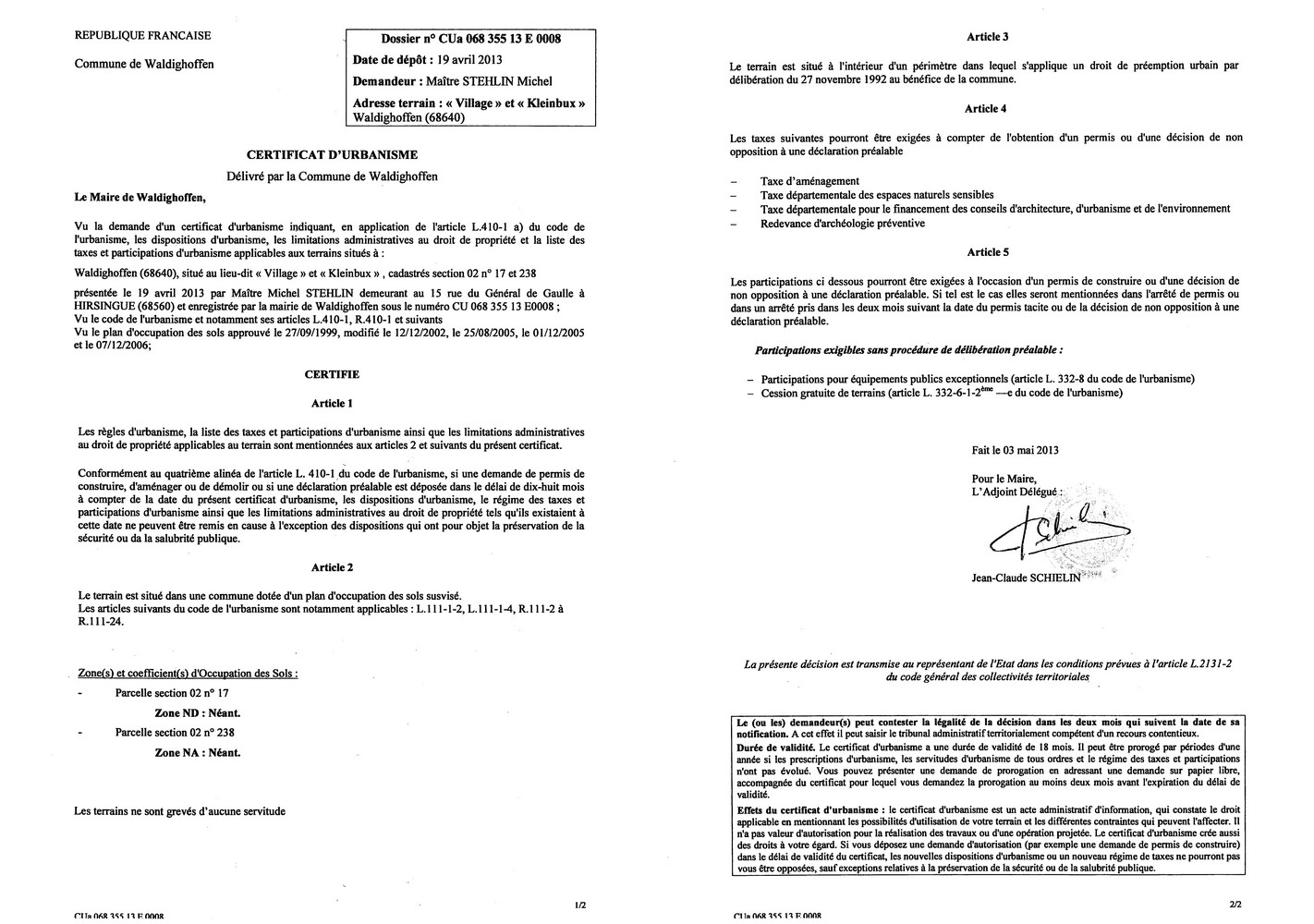 Certificat d'urbanisme n°13E0008 - Me STEHLIN