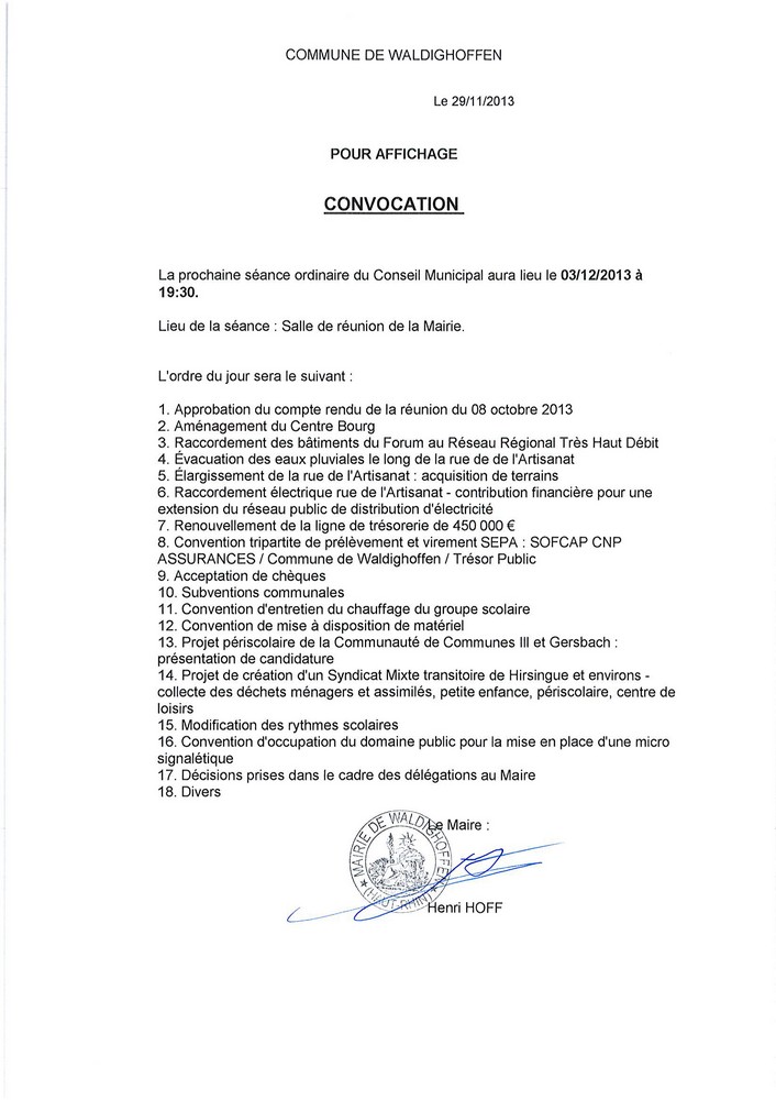 Convocation Conseil Municipal le 03.12.2013