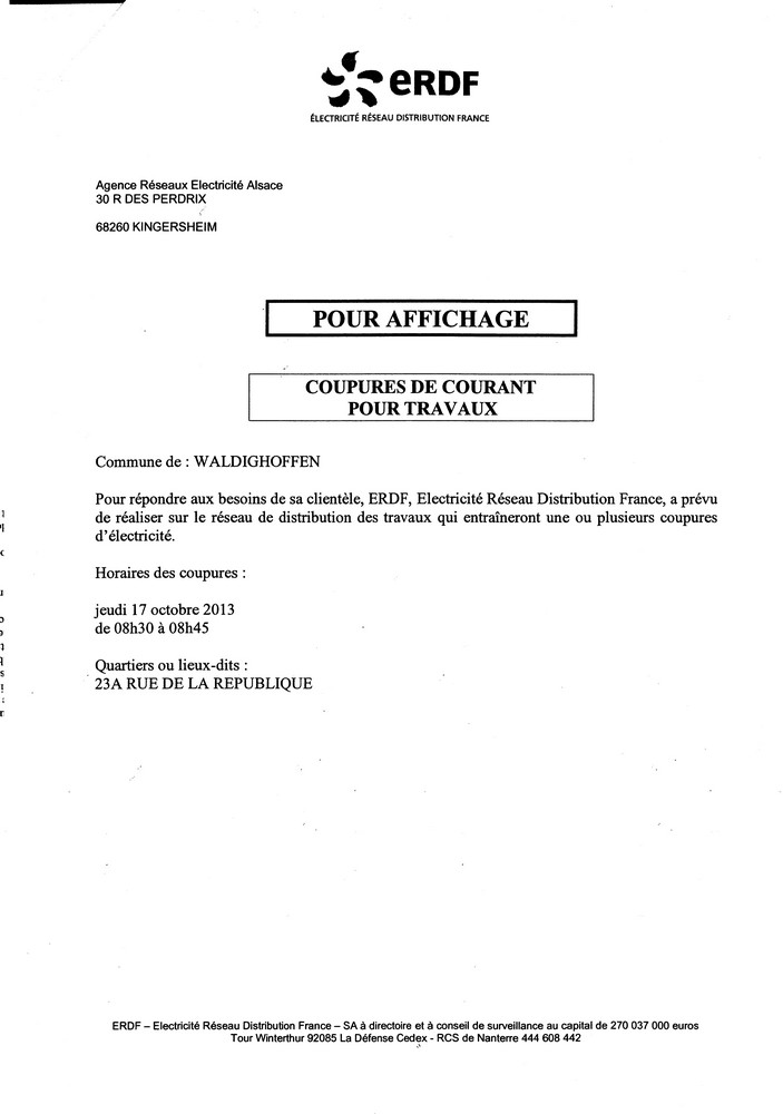 Coupure de courant - jeudi 17 octobre 2013