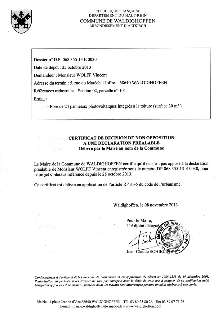 Décision à la déclaration préalable de M. WOLFF