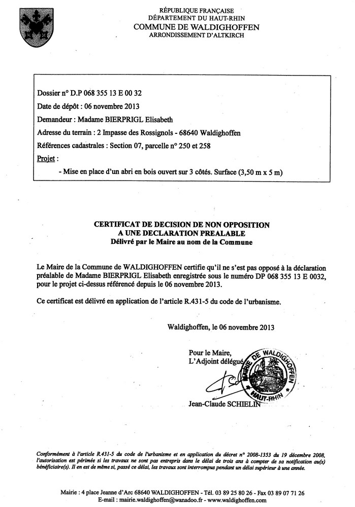 Décision à la déclaration préalable de Madame BIERPRIGL Elisabeth