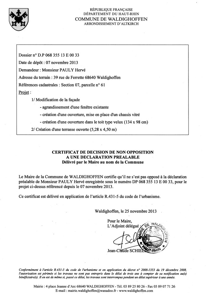 Décision à la déclaration préalable de Monsieur PAULY