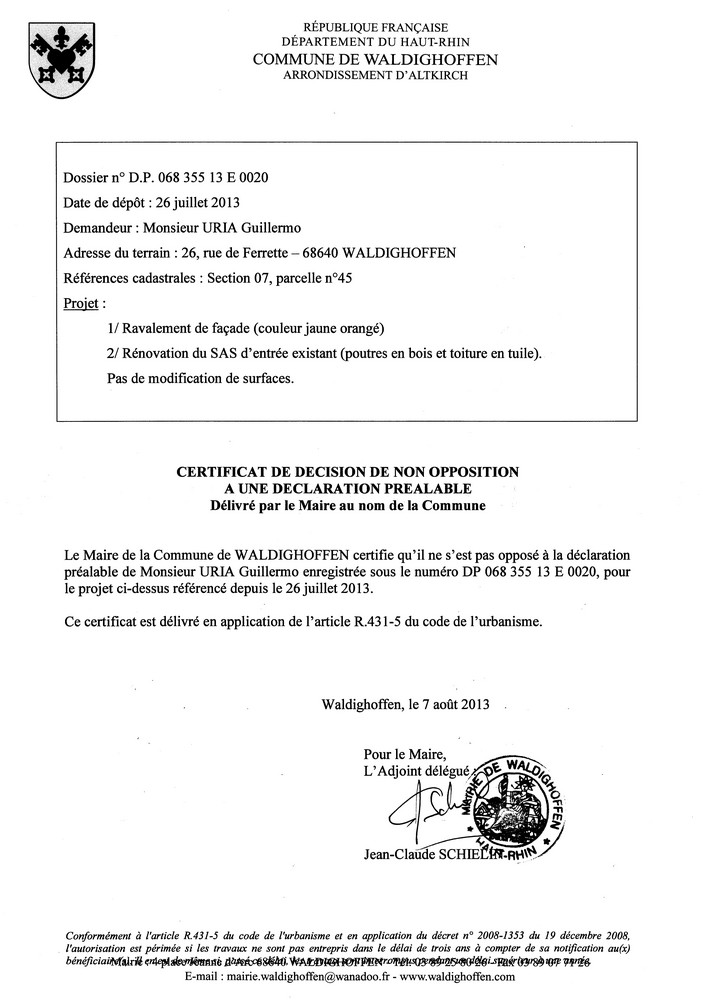 Déclaration préalable n°13E0020 - M. URIA