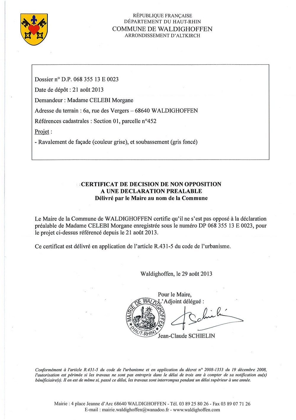 Non opposition DP 13E23 - CELEBI Morgane