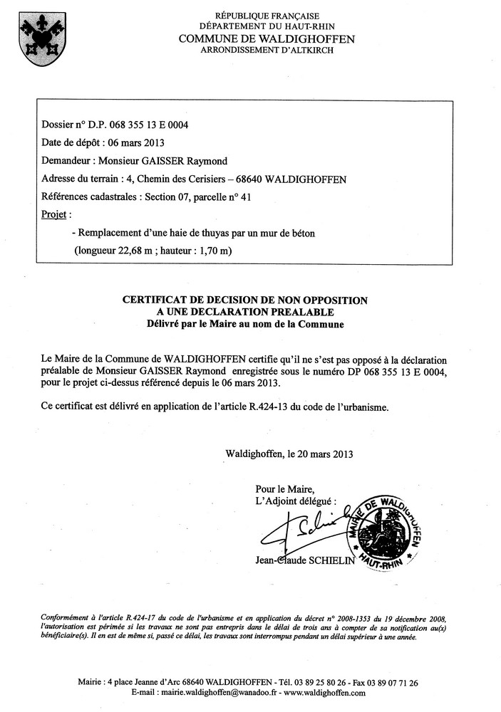 Non-opposition à la déclaration préalable n°13E0004 - M. GAISSER