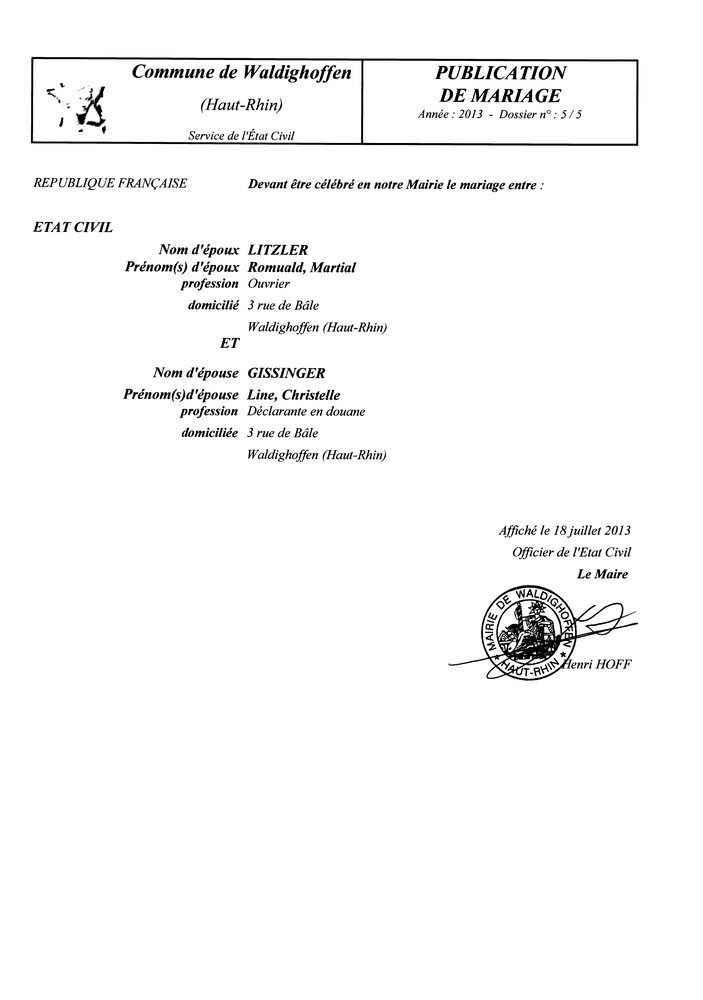 Publication de mariage M. LITZLER et Mlle GISSINGER
