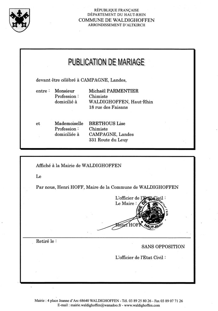 Publication de mariage M. PARMENTIER et Mlle BRETHOUS