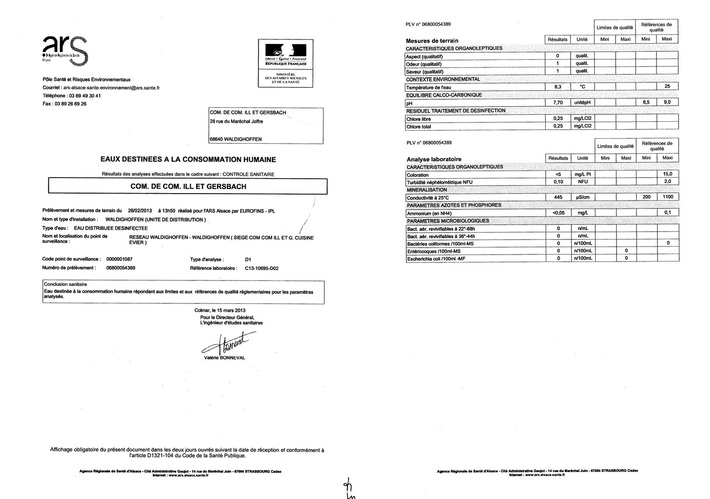 Rapport d'analyse d'eau potable n°06800054389 du 28.02.2013