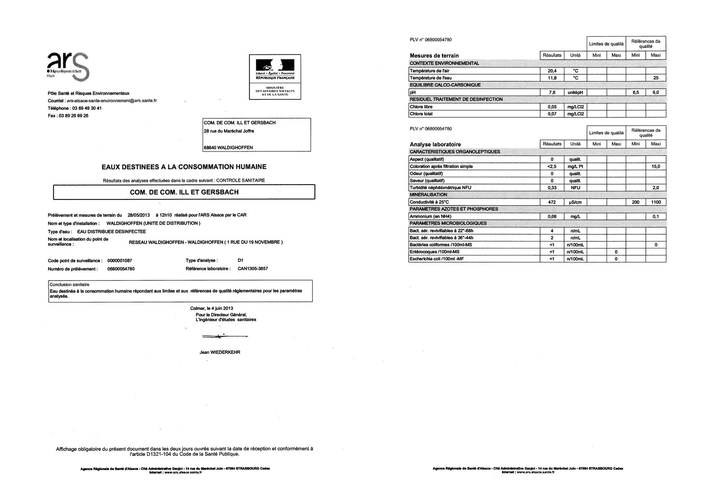 Rapport d'analyse d'eau potable n°06800054780 du 04.06.2013