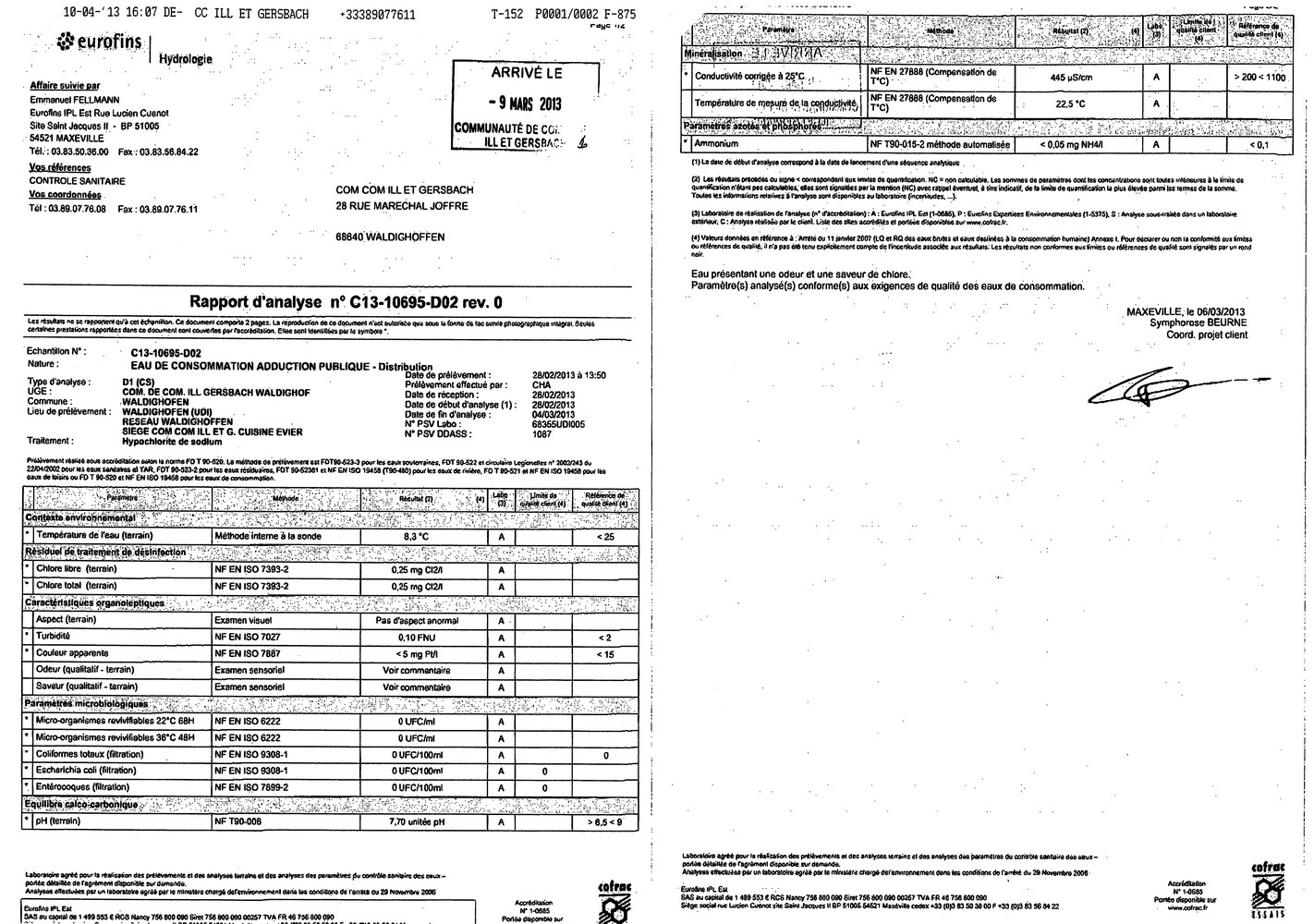 Rapport d'analyse d'eau potable n°C13-10695-D02 du 06.03.2013