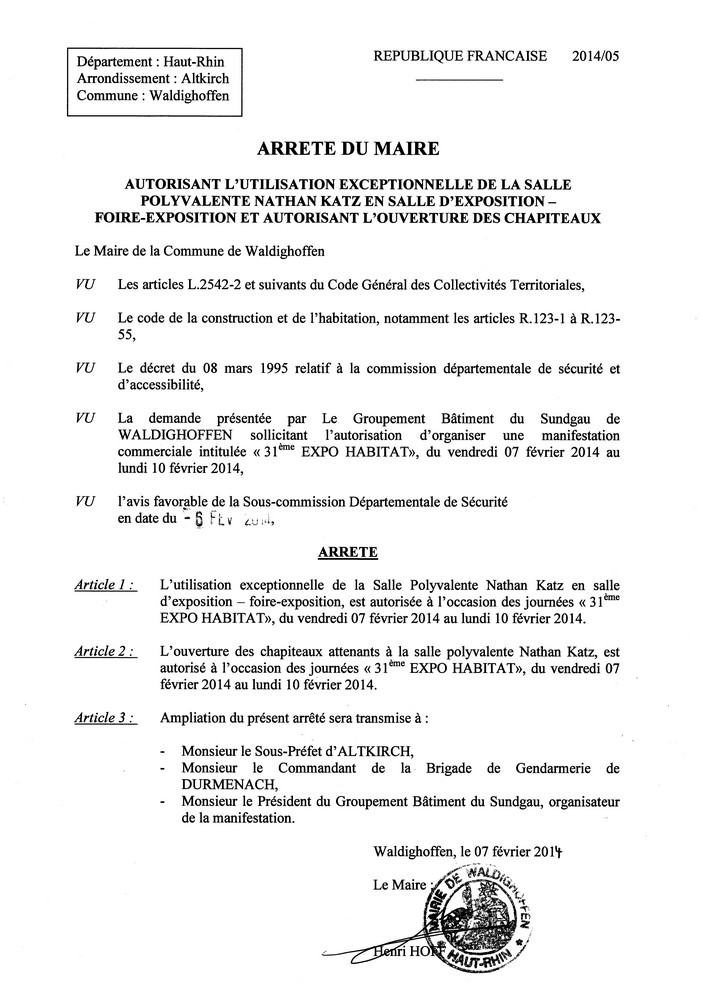 Arrêté autorisant l'utilisation de la Salle polyvalente à l'occasion de la 31ème Expo-habitat